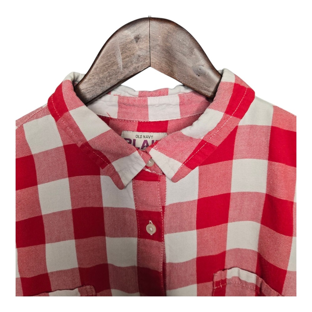 Old Navy Plaid Shirt Roll-Tab Sleeve Button Down Top Red White Womens XL Petite - Picture 3 of 7